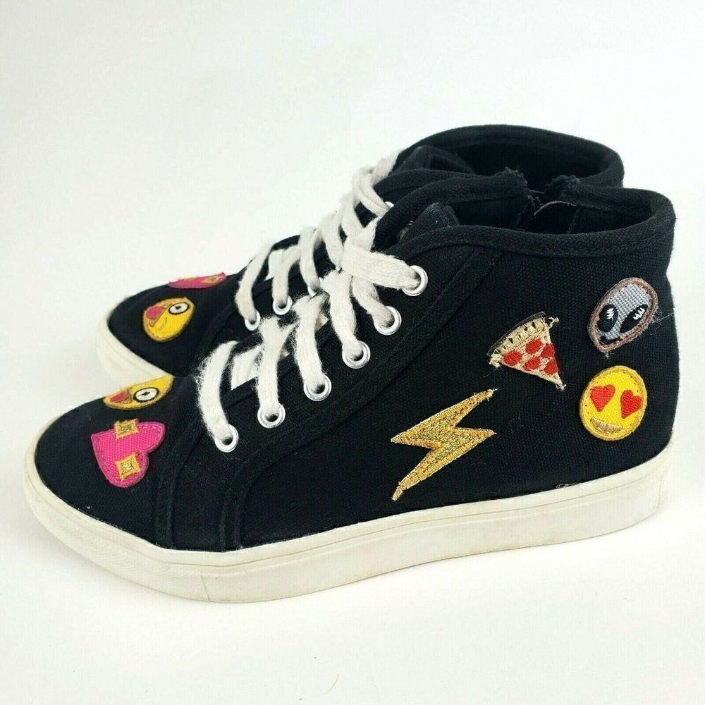 SO Linden Girls Emoji Patches Black High Top Sneakers Canvas Laces Zip Up sz 3